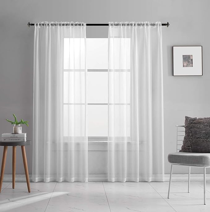 White Sheer Curtains 72 Inches Long 2 Panels Voile Translucent Solid Color Window Treatment Rod Pocket White Sheer Curtains 72 Inch Length for Bedroom Living Room 52x72