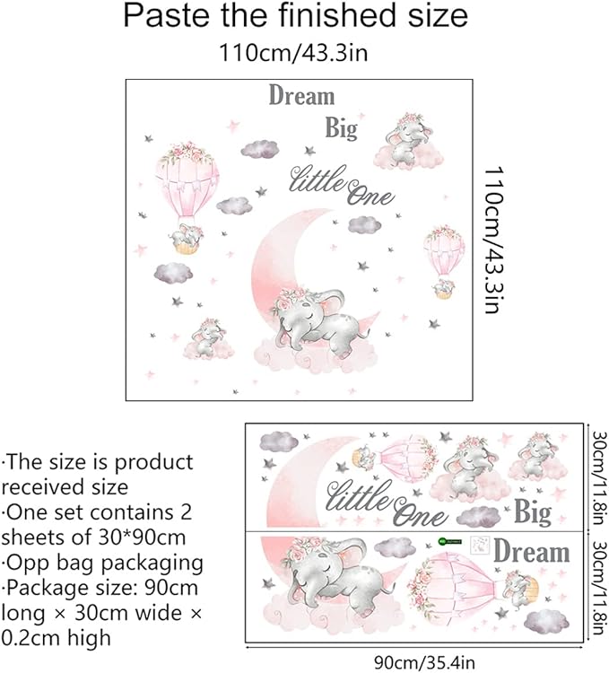 Dream Big Little One Elephant Wall Stickers - Pink & Gray Design, 110cm x 43.3in