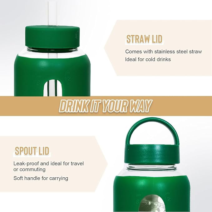 25oz Glass Water Bottles,glass tumbler with straw and 2 lid,Glass Cup with Lid and Straw(BPA Free),Water Bottle with Handle for Outdoor Sports and Home Use.(Green)