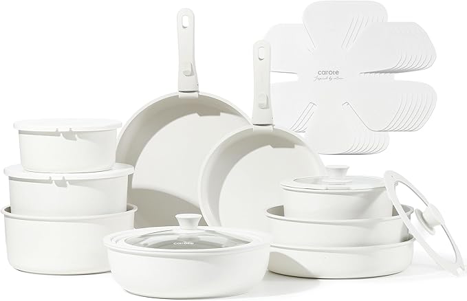 CAROTE 24pcs Detachable Handle Pots and Pan Set, Nonstick Induction Cookware, Removable Handle, RV Oven Safe Cookware, Kitchen Cookware Set Non Stick, Cream White