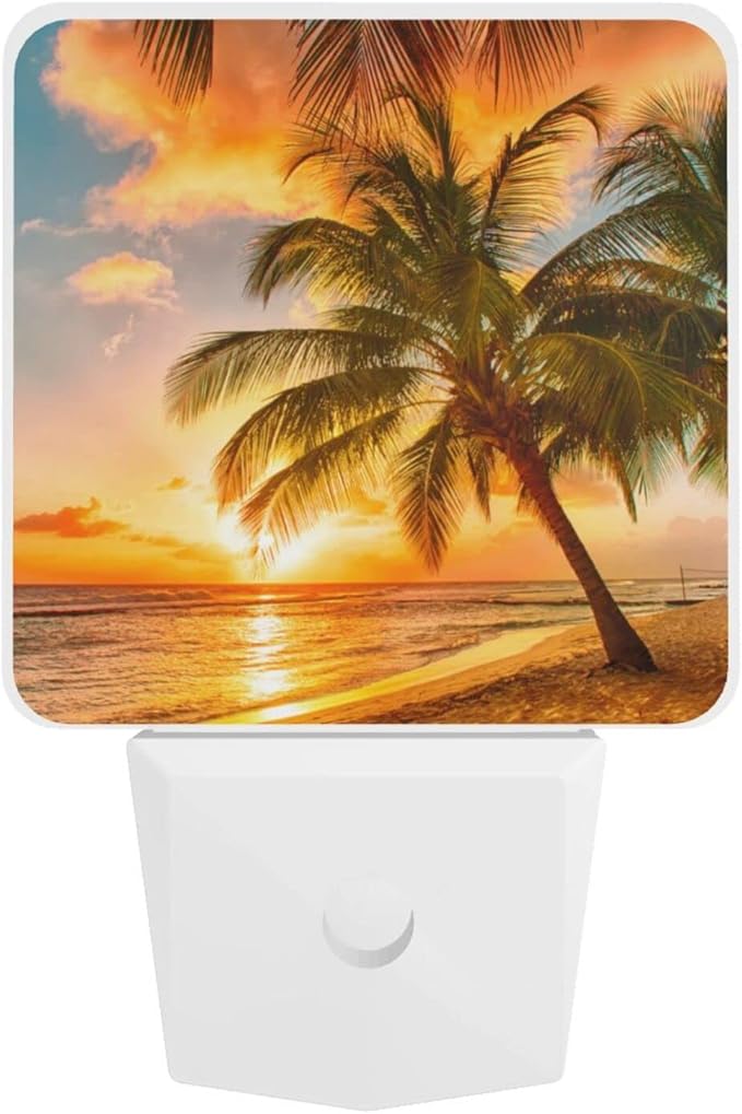 Funny Beach Tropical Palm Tree Ocean Plug in Night Light into Wall LED Nightlight Auto Sensor Dusk to Dawn lamp for Kids Room Bedroom Bathroom Nursery Kitchen Hallway Stairs Home Decorative