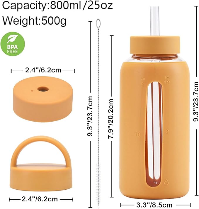 25oz Glass Water Bottles,glass tumbler with straw and 2 lid,Glass Cup with Lid and Straw(BPA Free),Water Bottle with Handle for Outdoor Sports and Home Use. (Orange)