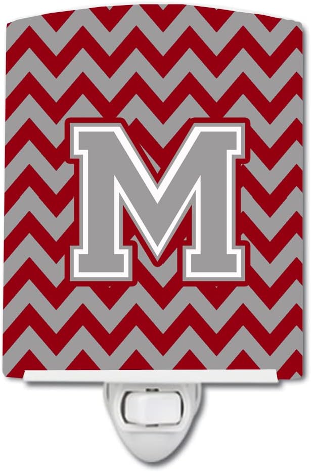 Caroline's Treasures CJ1043-MCNL Letter M Chevron Crimson and Grey Ceramic Night Light Compact, UL-Certified, Ideal for Bedroom, Bathroom, Nursery, Hallway, Kitchen, 6x4x3, Multicolor