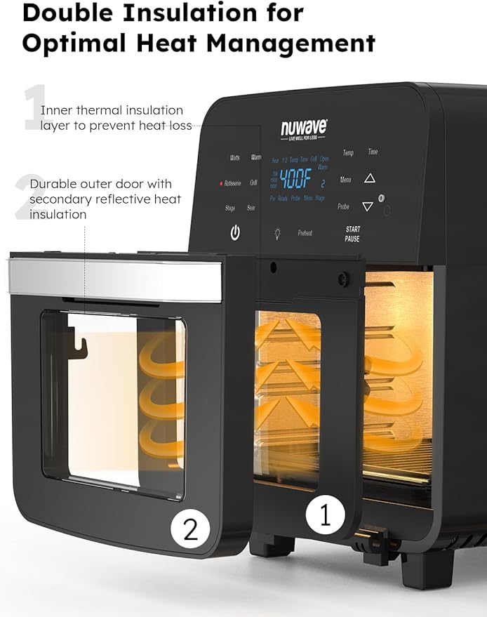 Nuwave Brio 15.5Qt Air Fryer Rotisserie Oven, X-Large Family Size, Powerful 1800W, 4 Rack Positions, 50°-425°F Temp Controls, 100 Presets & 50 Memory, Integrated Smart Thermometer, Linear T Technology