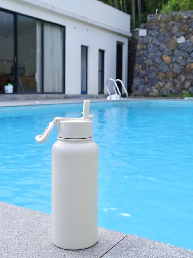 32 oz Insulated Water Bottle with Paracord Handles & Strap, 2 Lids(Straw Lid&Spout Lid), Stainless Steel Reusable Wide Mouth Metal Water Bottle With Straw, Double Walled, Thermo Mug(Cream)