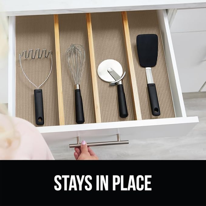 Gorilla Grip powerGRIP Drawer Shelf and Cabinet Liner, Thick Strong Hold, Non-Adhesive Liners Protect Kitchen Cabinets and Cupboard, Bathroom Drawers, Easy Install, Breathable Mat, 17.5" x20', Beige