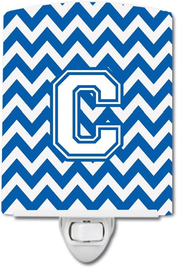 Caroline's Treasures CJ1045-CCNL Letter C Chevron Blue and White Ceramic Night Light Compact, UL-Certified, Ideal for Bedroom, Bathroom, Nursery, Hallway, Kitchen, 6x4x3, Multicolor