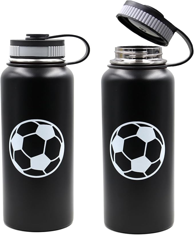 32 oz Soccer Water Bottle, Wide Mouth Travel Sports Flask with 2 Lids(Straw Lid+Flex Cap)BPA Free 18/8 Stainless Steel Double Wall Vacuum Insulated Water Bottles (32oz, Soccer)