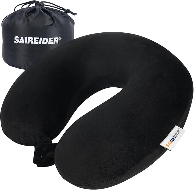 SAIREIDER Travel Pillow 100% Pure Memory Foam Travel Neck Pillow with Storage Bag, Airplane Pillow for Traveling、Car、Home、Office,Washable Cover(Black)