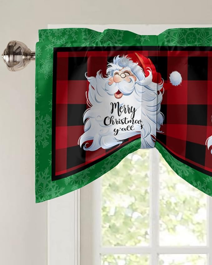 Merry Christmas Y'all Blackout Tie Up Valance Curtains for Kitchen Windows XMAS Santa Claus Window Toppers Balloon Shades for Living Room/Bathroom/Bedroom,1 Panel,54" X 18" Red Buffalo Plaid