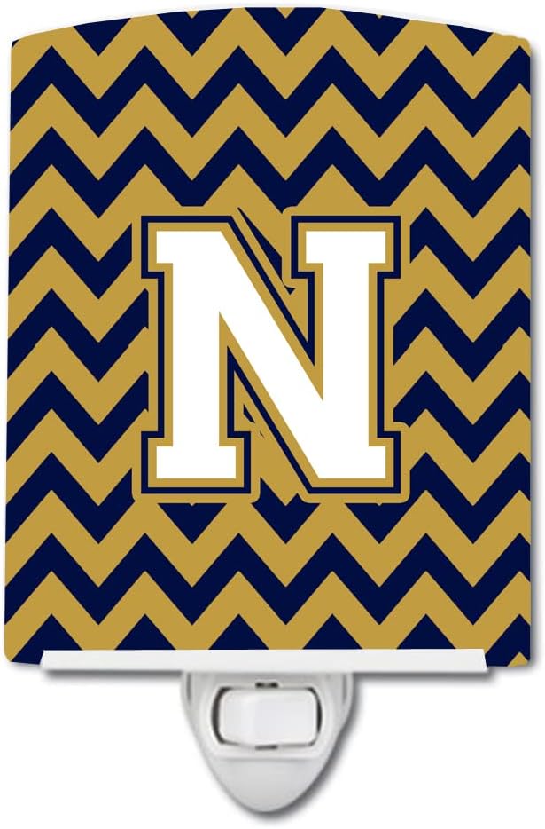 Caroline's Treasures CJ1057-NCNL Letter N Chevron Navy Blue and Gold Ceramic Night Light Compact, UL-Certified, Ideal for Bedroom, Bathroom, Nursery, Hallway, Kitchen, 6x4x3, Multicolor