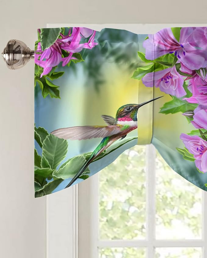 Pink Flowers Blackout Tie Up Valance Curtains for Kitchen Windows Hummingbird Window Toppers Balloon Shades for Living Room/Bathroom/Bedroom,1 Panel,42" X 12"