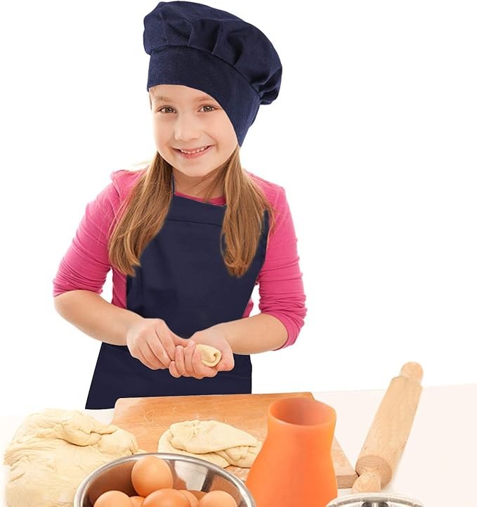 Kids Apron and Chef Hat Set-Adjustable Child Apron for Boys and Girls for Cooking Baking Dark Blue