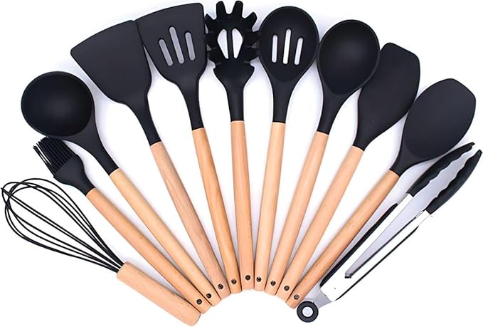 Kitchen Utensils Set, 33 pcs Non-Stick Silicone Cooking Utensils Set, Heat-Resistant Silicone, Wooden Utensils for Cooking, Kitchen Gadgets Spatula Set, Apartment Essentials Kitchen Set (Black)