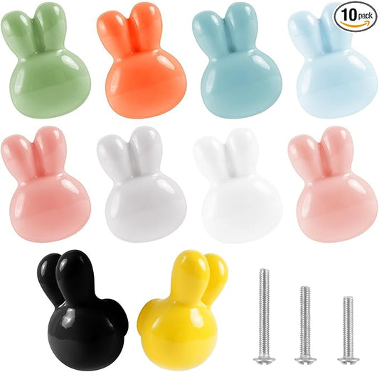 10x Colorful Cute Glossy Ceramic Knobs Bunny Rabbit Shape Lovely Door Pull Knob Cabinet Closet Ceramic Drawer Cupboard Kitchen Dresser Kids Child Bedroom Pulls Wardrobe Handles