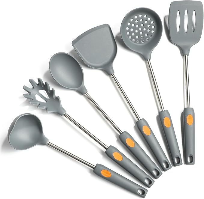 Silicone Kitchen Cooking Utensils Set 6pcs with Stainless steel Handle, Spatula Set Utensil Set, Cooking Utensil Set,Kitchen Tools for Nonstick Cookware