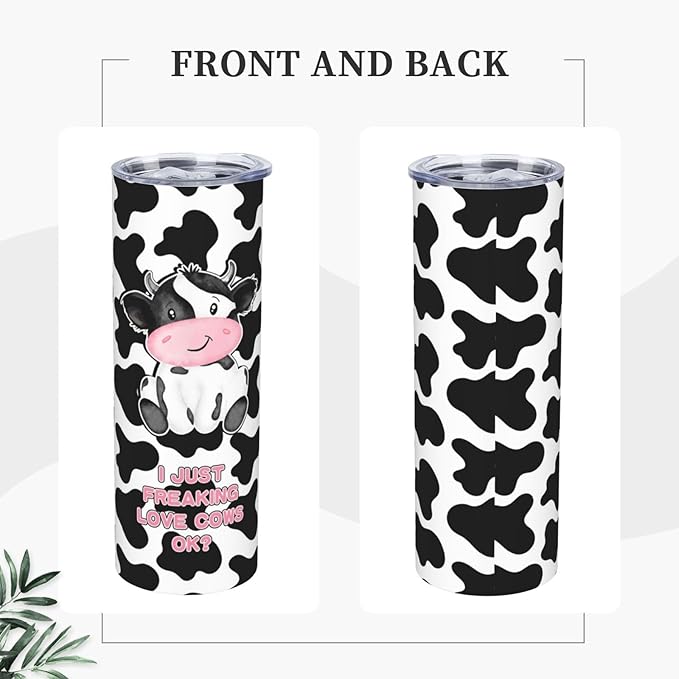 Skinny Tumbler Gift For Men Women, Cow Print Gifts For Women Funny Cow Print Tumbler Cup With Straw Lid 20 Oz,Cute Cow Reusable Stainless Steel Insulated Vacuum Slim Travel Coffee Mug