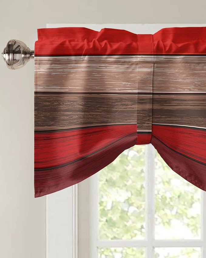 Farmhouse Blackout Tie Up Valance Curtains for Kitchen Windows, Christmas Red Brown Window Toppers Balloon Shades for Living Room/Bathroom/Bedroom,1 Panel,54" X 18" Retro Rustic Barn Wood Texture