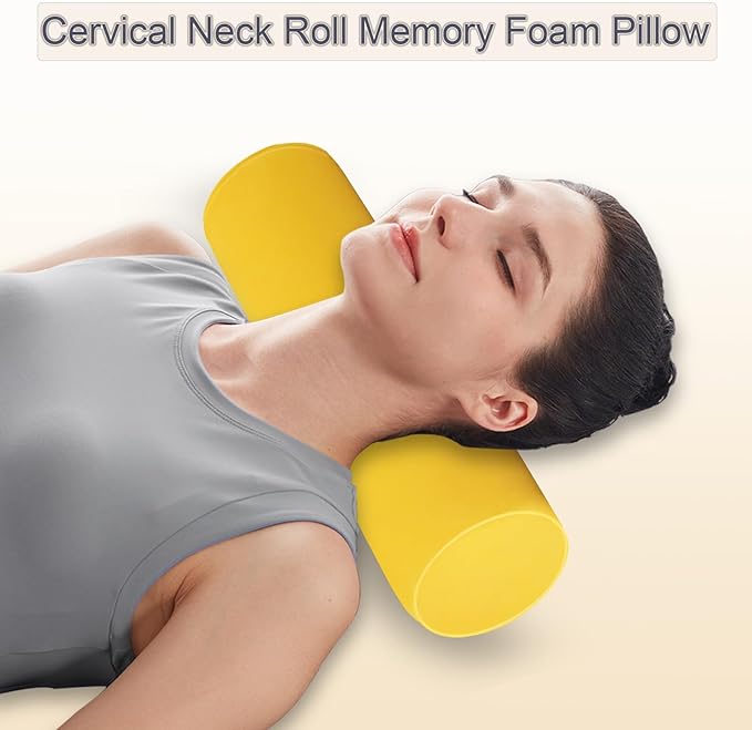 Round Cervical Roll Cylinder Bolster Pillow, 4" x 17" Orthopedic Cervical Roll Memory Foam Ergonomically Pillow forBed, Car, Office and Home Use,with Washable Cover (Yellow)