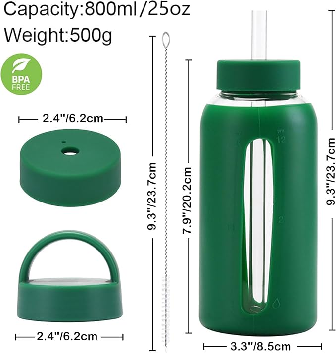 25oz Glass Water Bottles,glass tumbler with straw and 2 lid,Glass Cup with Lid and Straw(BPA Free),Water Bottle with Handle for Outdoor Sports and Home Use.(Green)