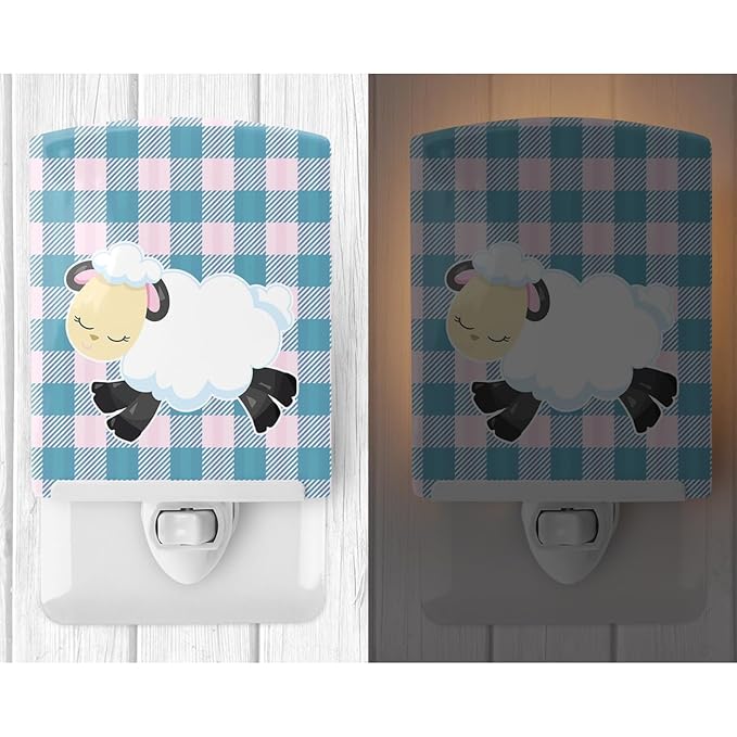 Caroline's Treasures BB6874CNL Sheep on Blue Gingham Ceramic Night Light Compact, UL-Certified, Ideal for Bedroom, Bathroom, Nursery, Hallway, Kitchen, 6x4x3, Multicolor