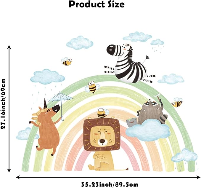 Jungle Animals Tree Wall Decals Lion Zebra Rainbow Wall Stickers Baby Nursery Kids Bedroom Living Room Wall Decor