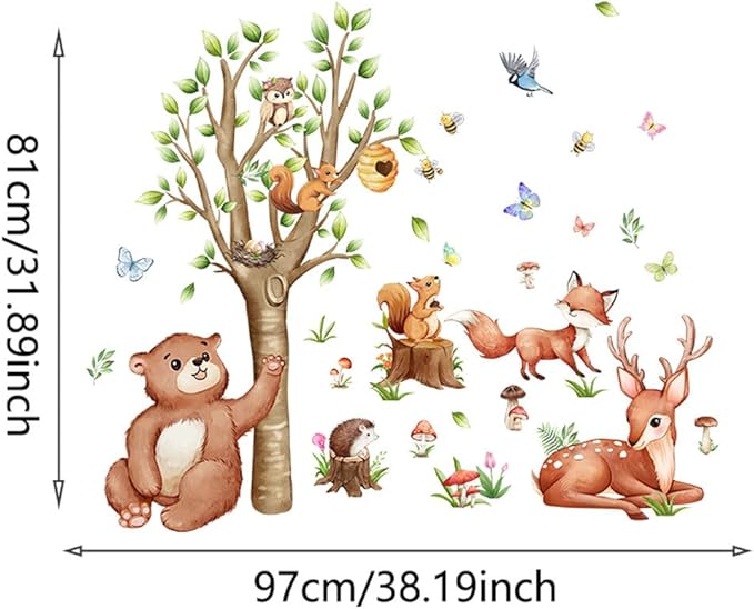 Animal Wall Decals Vinyl Butterfly Mushroom Wall Stickers, Removable Kids Toddler Jungle Forest Wall Murals Peel and Stick Flower Wall Art Decor Wallpaper for Bedroom Nursery Playroom