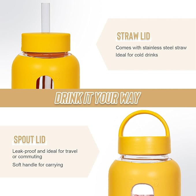 25oz Glass Water Bottles,glass tumbler with straw and 2 lid,Glass Cup with Lid and Straw(BPA Free),Water Bottle with Handle for Outdoor Sports and Home Use. (Orange)