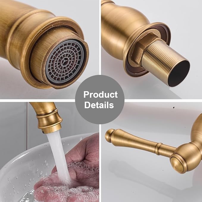 Antique Brass Single Handle Bathroom Sink Faucet, Faucet with Pop Up Drain Tall Spout Single Hole 360° Swivel Hot Cold Water Gold