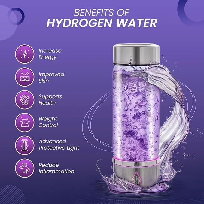 H3O Hydrogen Water Bottle - Hydrogen-Infused Water Machine with Built-in Purple Protective Light - Portable Water Ionizer for Hydration, Energy, Sleep Quality - 3000PPB Hydrogen Ions per Cycle