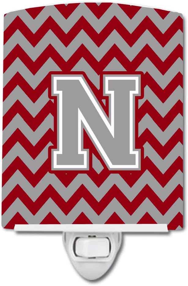 Caroline's Treasures CJ1043-NCNL Letter N Chevron Crimson and Grey Ceramic Night Light Compact, UL-Certified, Ideal for Bedroom, Bathroom, Nursery, Hallway, Kitchen, 6x4x3, Multicolor