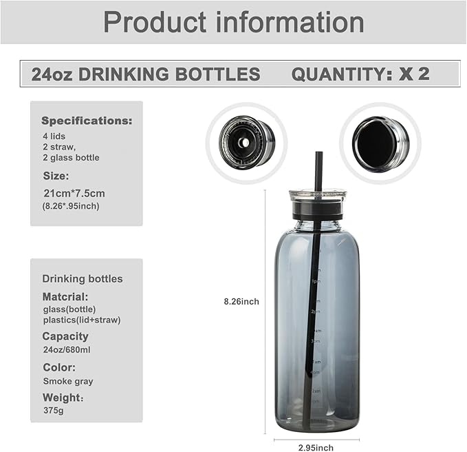 Glass water bottle With Time Marker -24oz with 2 caps and straw,Reusable Glass Drinking Bottles,Suitable For Drinks, Juices, Sodas, Coke, As Gifts Etc (Smoky 24oz*2pcs)