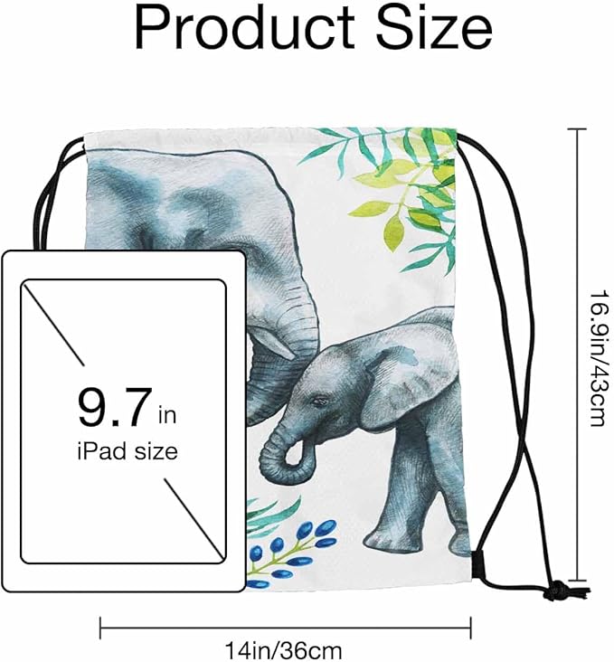 Elephants Drawstring Bags Sports Bag Two Elephants Of Mother and with Branch Draw String Back Bag Men Women Adults 14x16.9 Inch