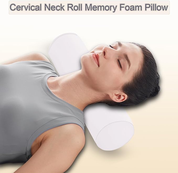 Round Cervical Roll Cylinder Bolster Pillow, 4" x 17" Orthopedic Cervical Roll Memory Foam Ergonomically Pillow forBed, Car, Office and Home Use,with Washable Cover (White)