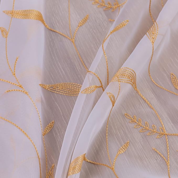 Windows Sheer Curtains Embroider Yellow Leaf 95 Inches Length 2 Panels Voile Light Filtering Sheer Curtains Panel Basic Rod Pocket for Bedroom Living Room Children Room