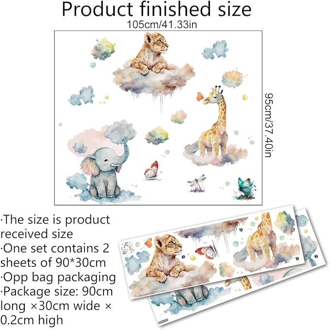 Watercolor Animals Wall Decals Elephant Lion Giraffe Wall Stickers Colorful Butterfly Clouds for Baby Boy Girl Room Decor Decals Peel and Stick Airplanes Kids Wall Stickers Nursery Decor