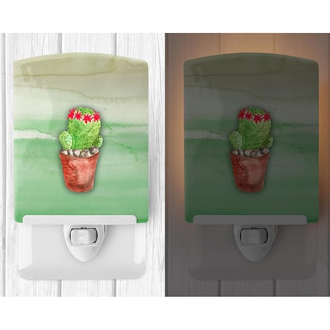 Caroline's Treasures BB7364CNL Cactus Green Watercolor Ceramic Night Light Compact, UL-Certified, Ideal for Bedroom, Bathroom, Nursery, Hallway, Kitchen, 6x4x3, Multicolor