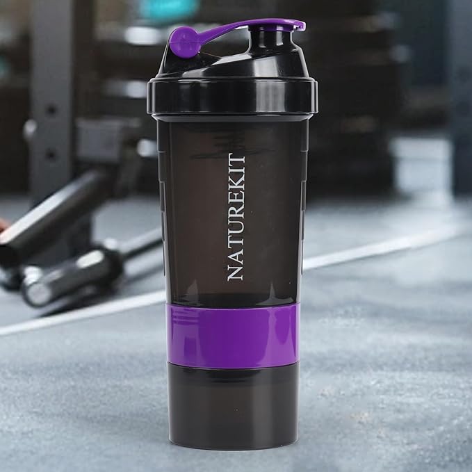 Shaker Bottle,Protein Shaker with Powder Storage Container 18oz, Leak Proof ,Gym Bottle Portable Pre Workout for Mix & Drink Shakes & Smoothies,Dishwasher Safe,Purple