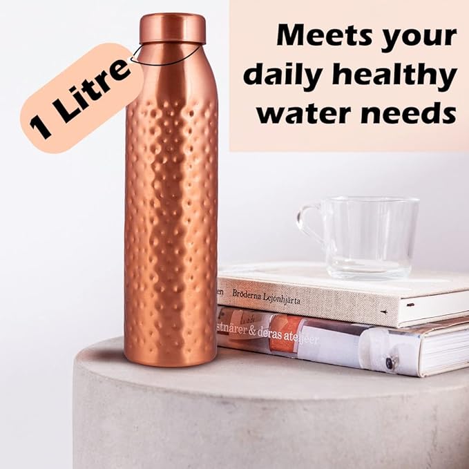 Copper Water Bottle 1Liter - Gift Box of 6, Hammered, an Ayurvedic vessel made from pure copper - helps you drink more water, with many health benefits