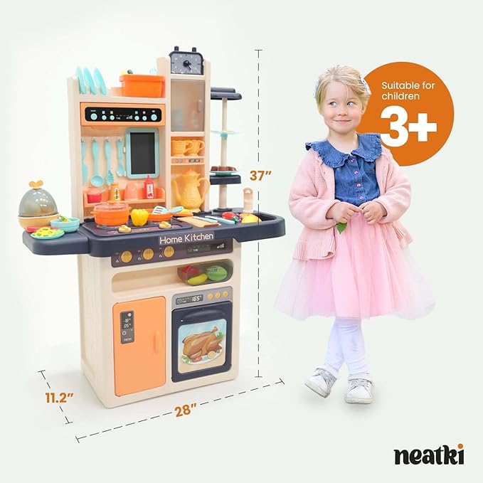 Kids' Play Kitchen Set, 27.95 x 11.22 x 36.81 Inch, 65-Piece Toy Kitchen Playset with Functional Faucet, Realistic Steam Effects, Lights and Sounds, and Other Kitchen Accessories (Blue)