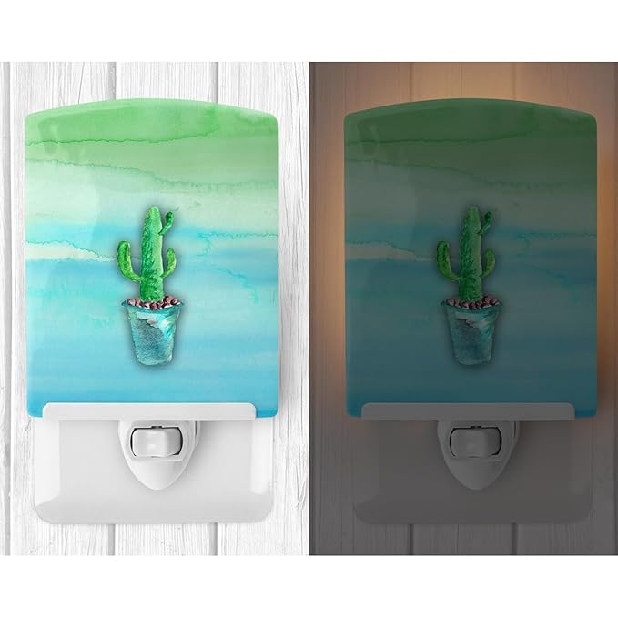 Caroline's Treasures BB7362CNL Cactus Teal and Green Watercolor Ceramic Night Light Compact, UL-Certified, Ideal for Bedroom, Bathroom, Nursery, Hallway, Kitchen, 6x4x3, Multicolor