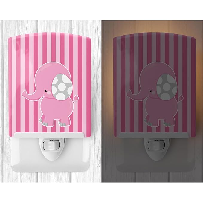 Caroline's Treasures BB6955CNL Elephant on Pink Stripes Ceramic Night Light Compact, UL-Certified, Ideal for Bedroom, Bathroom, Nursery, Hallway, Kitchen, 6x4x3, Multicolor
