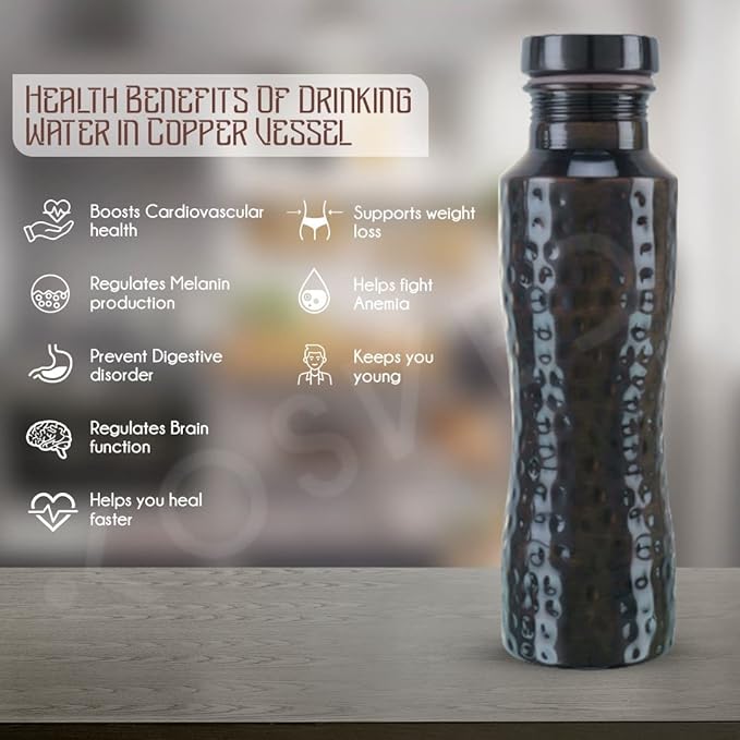 Pure Copper Jasmine Antique Hammered Water Bottle: A Premium Design Bottle with Ayurvedic Health Benefits, Leak Proof and Durable Copper Water Bottle for drinking (800ml / 27oz)