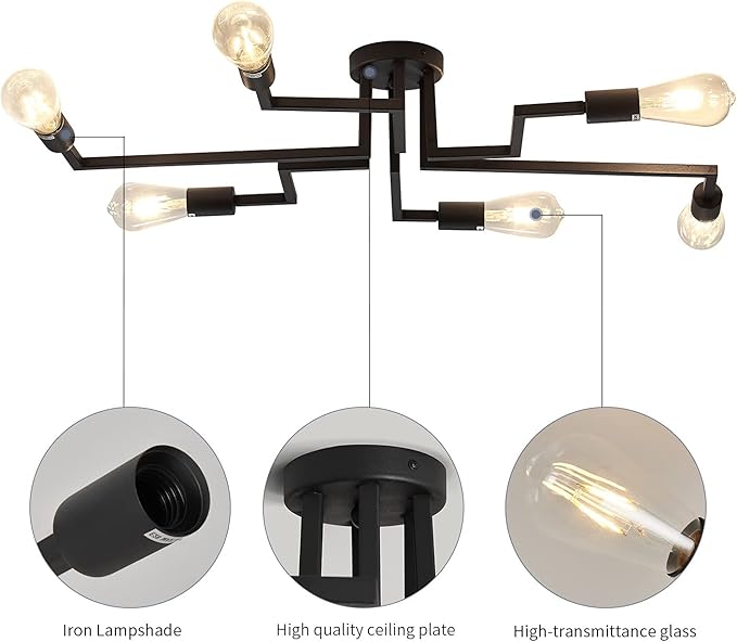 ZGLAOJT 6- Lights Ceiling Light Fixture,Vintage Semi Flush Mount Ceiling Light,Black Chandelier for Dining Room Living Room Kitchen Farmhouse.