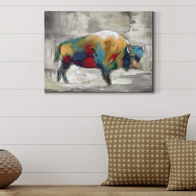 Renditions Gallery Canvas Animal Wall Art Home Paintings & Prints Colorful Bison Brushstroke Abstract Black & White Modern Artwork Decorations for Bedroom Office Kitchen - 8"x12" LT33