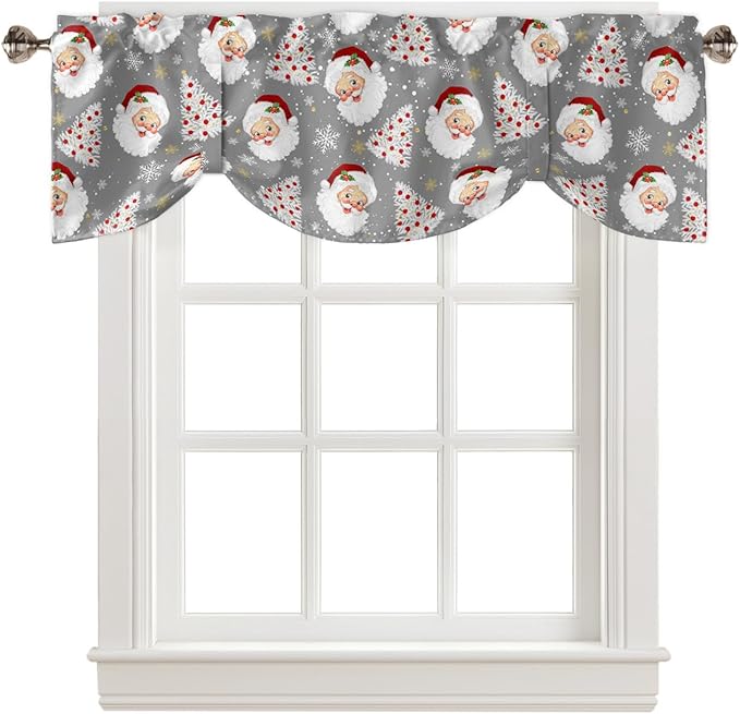 Grey Christmas Blackout Tie Up Valance Curtains for Kitchen Windows Santa Claus Merry Christmas Tree Window Toppers Balloon Shades for Living Room/Bathroom/Bedroom,1 Panel, 60" X 18", Winter Snowflake