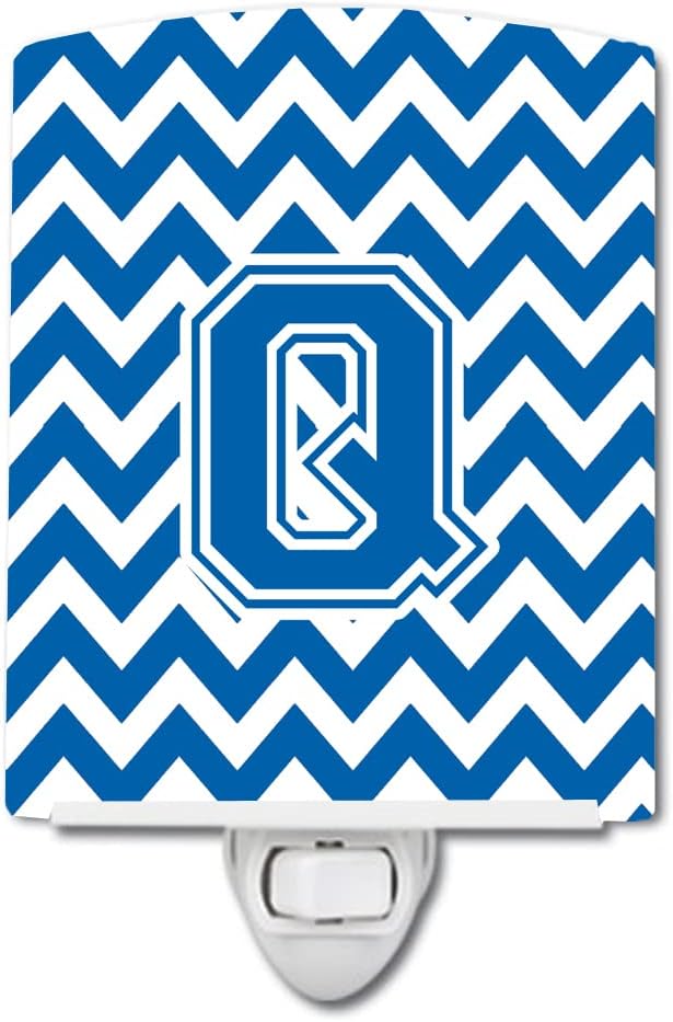Caroline's Treasures CJ1056-QCNL Letter Q Chevron Blue and White Ceramic Night Light Compact, UL-Certified, Ideal for Bedroom, Bathroom, Nursery, Hallway, Kitchen, 6x4x3, Multicolor