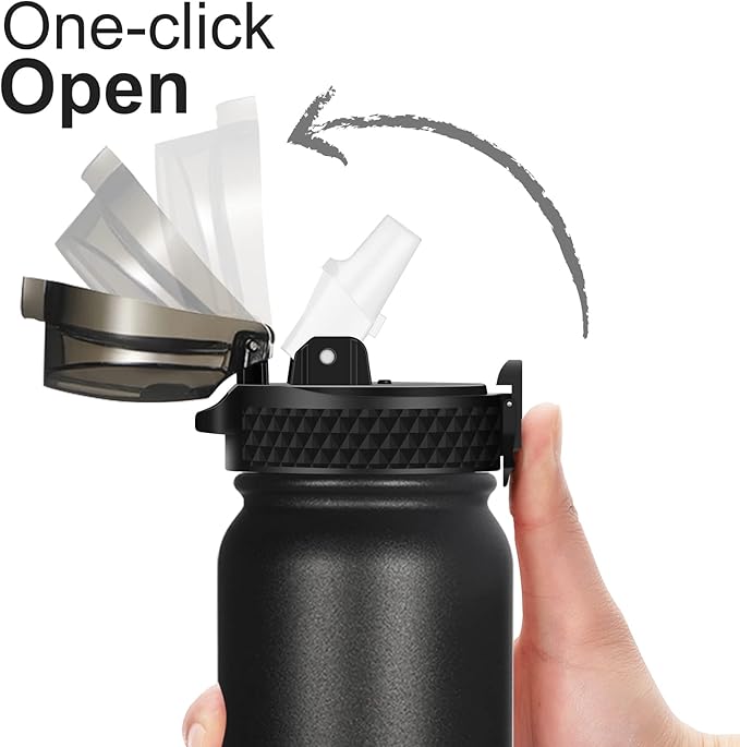 GOPPUS 20oz Insulated Stainless Steel Water Bottle with Straw Lid Reusable Leakproof Water Flask, Keeps Hot and Cold Sports Canteen Water Bottles for Kids Men Women Gym οΌBlack 1 LidοΌ