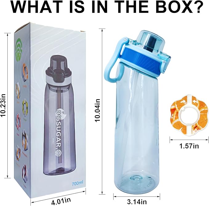 Air Water Bottle, (24oz) Air Water Bottle with Flavor Pods, Leak Proof Scented Water Bottle with Large Portable Handle, 0 Suger No BPA for Gym, Outdoors, Schools (Blue Tilted Head)