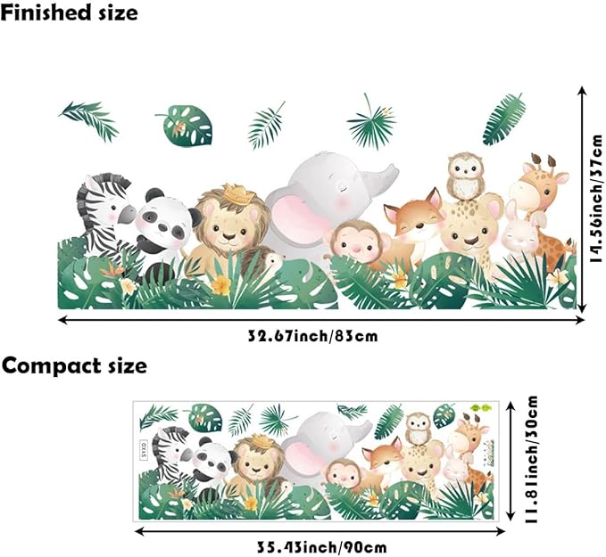 Cartoon Jungle Animals Wall Stickers Nordic Plants Zebra Panda Lion Elephant Monkey Wall Decals for Boy Kids Nursery Living Room Bedroom Children's Room Art Decorations